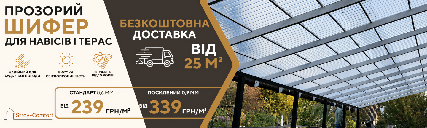 Прозорий шифер для навісу, характеристики, ціна від 239грн за метр квадратний та безкоштовна доставка від 25 метрві квадратних